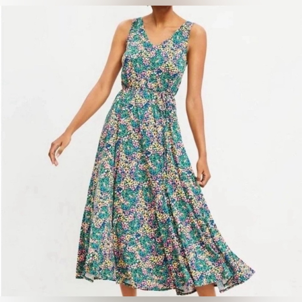 LOFT Colorful Floral Godet Double V Maxi Dress Sleeveless Waist Tie XSP